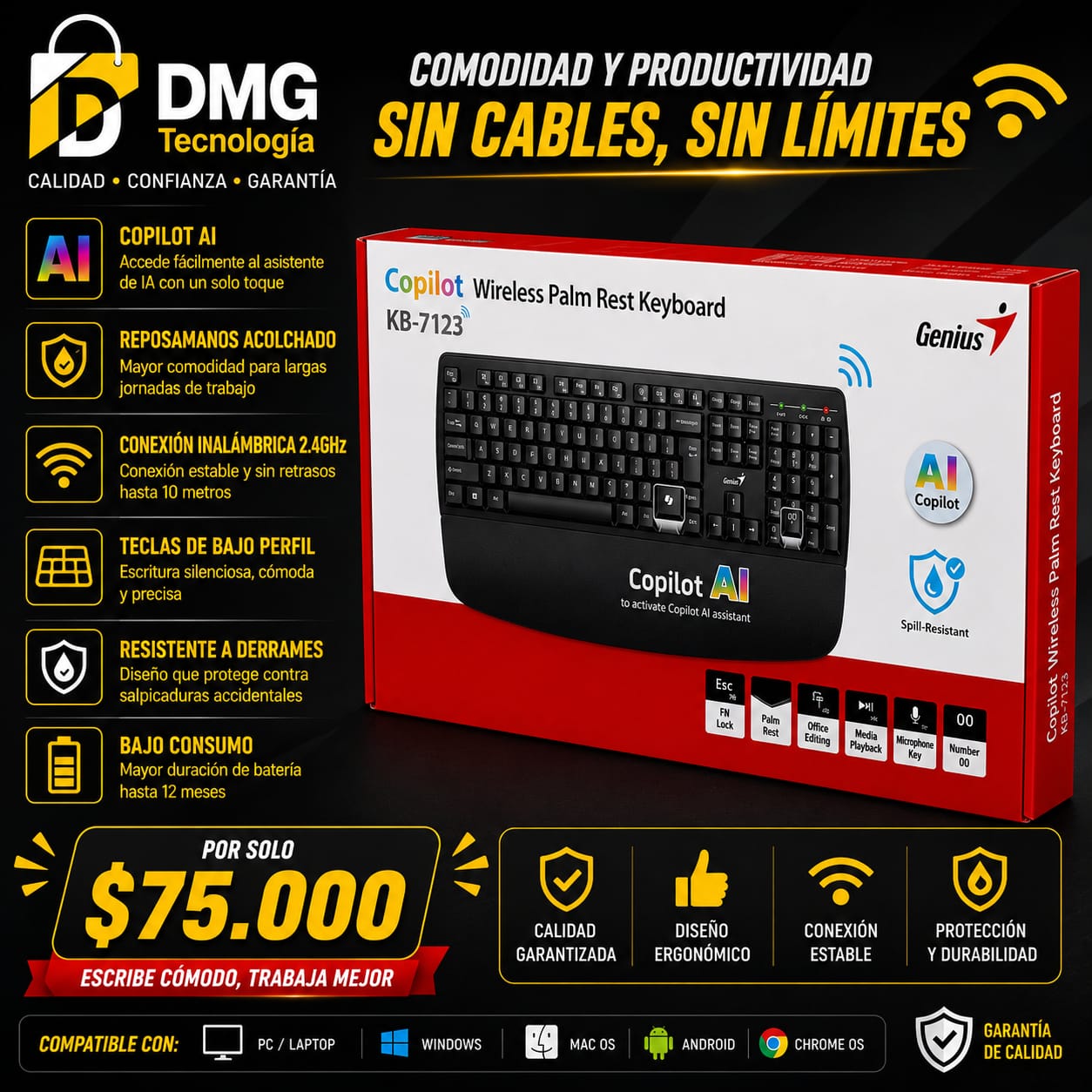 TECLADO INALAMBRICO CON REPOSAMANOS - GENIUS KB-7123.