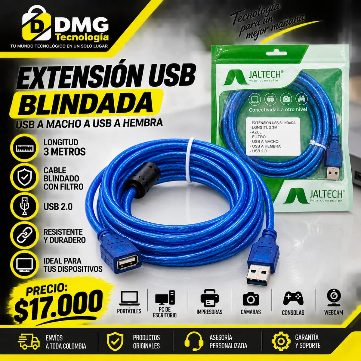 EXTENSION USB BLINDADA DE 3 METROS