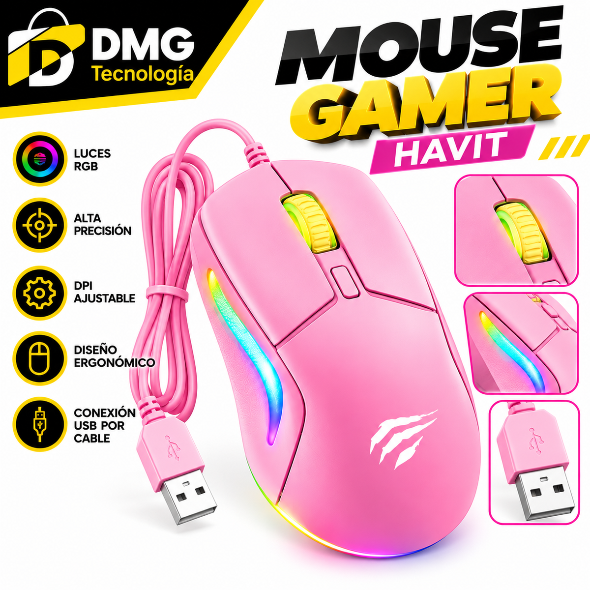 MOUSE GAMER HAVIT MS1029 RGB COLOR ROSA