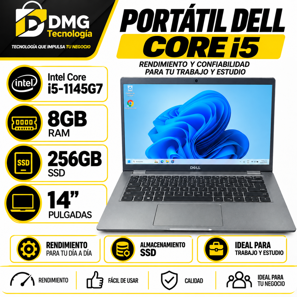 PORTATIL DELL INTEL CORE i5 1145g7 8GB/256GB SSD 14"