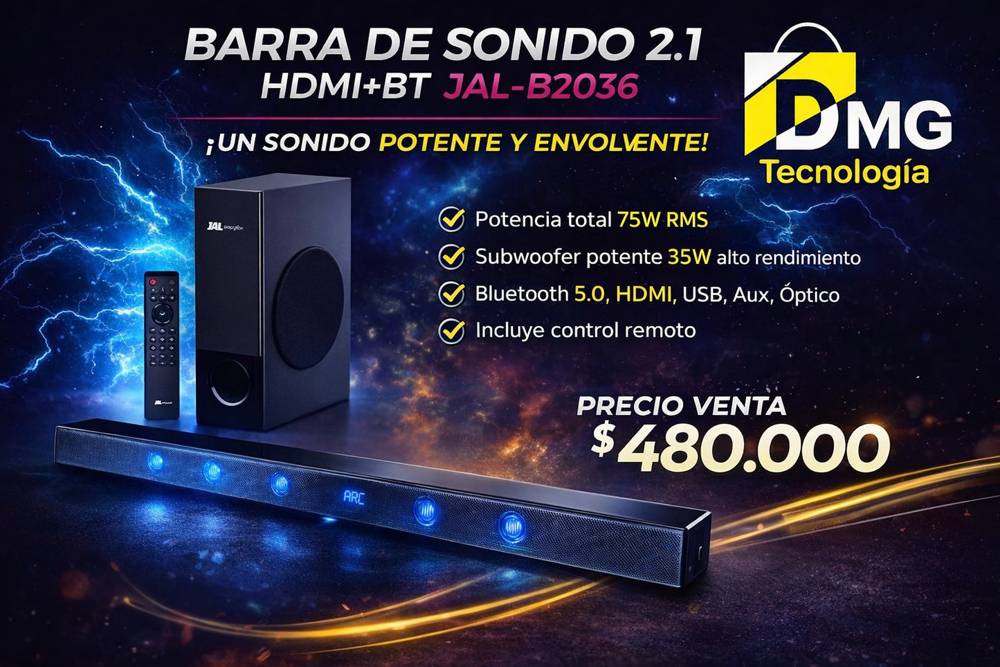 BARRA DE SONIDO 2.1 HDMI+BT JALTECH JAL-B2036