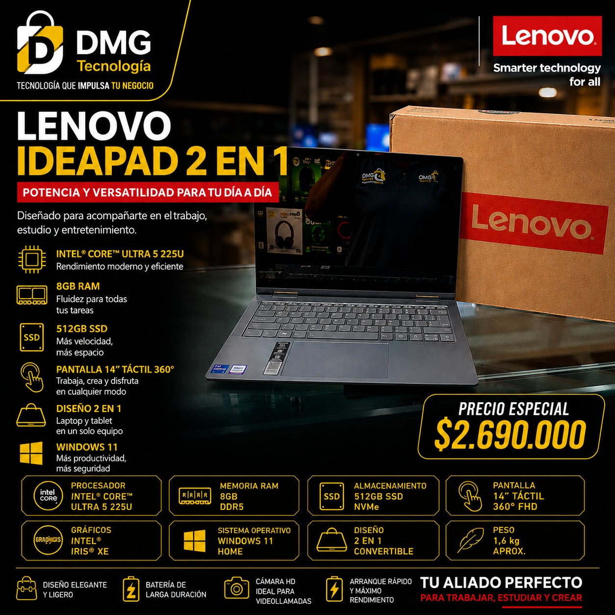 PORTATIL LENOVO IDEAPAD 2 EN 1 CORE ULTRA 5 225U