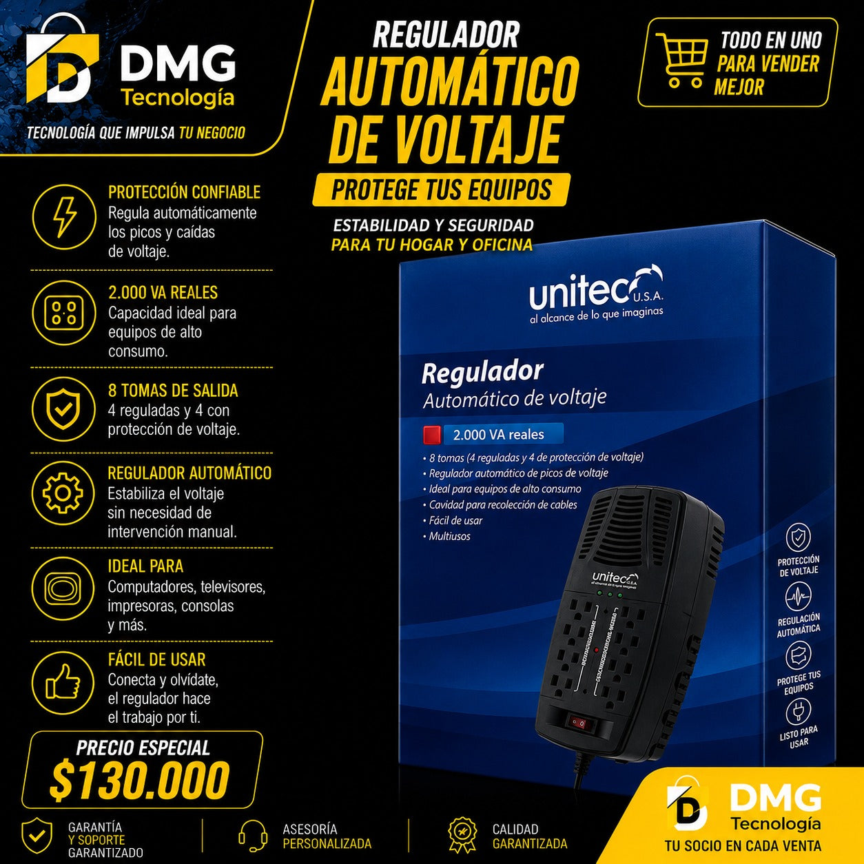 REGULADOR DE VOLTAJE UNITEC 2000VA 8 TOMAS