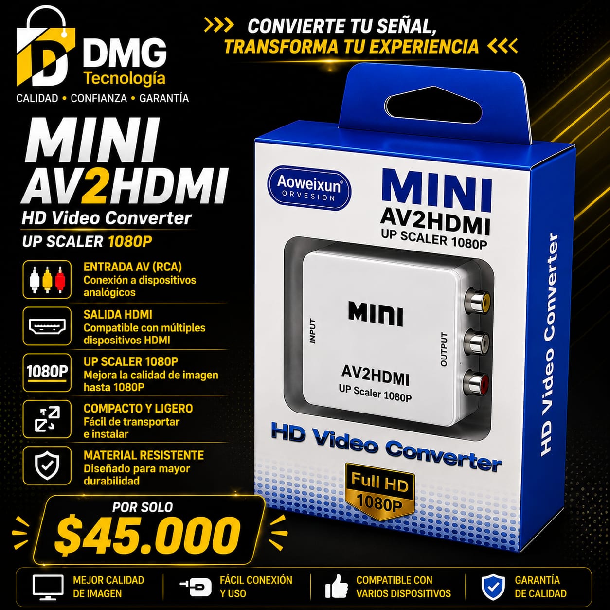 ADAPTADOR MINICONVERTIDOR RCA(BANANAS) A HDMI