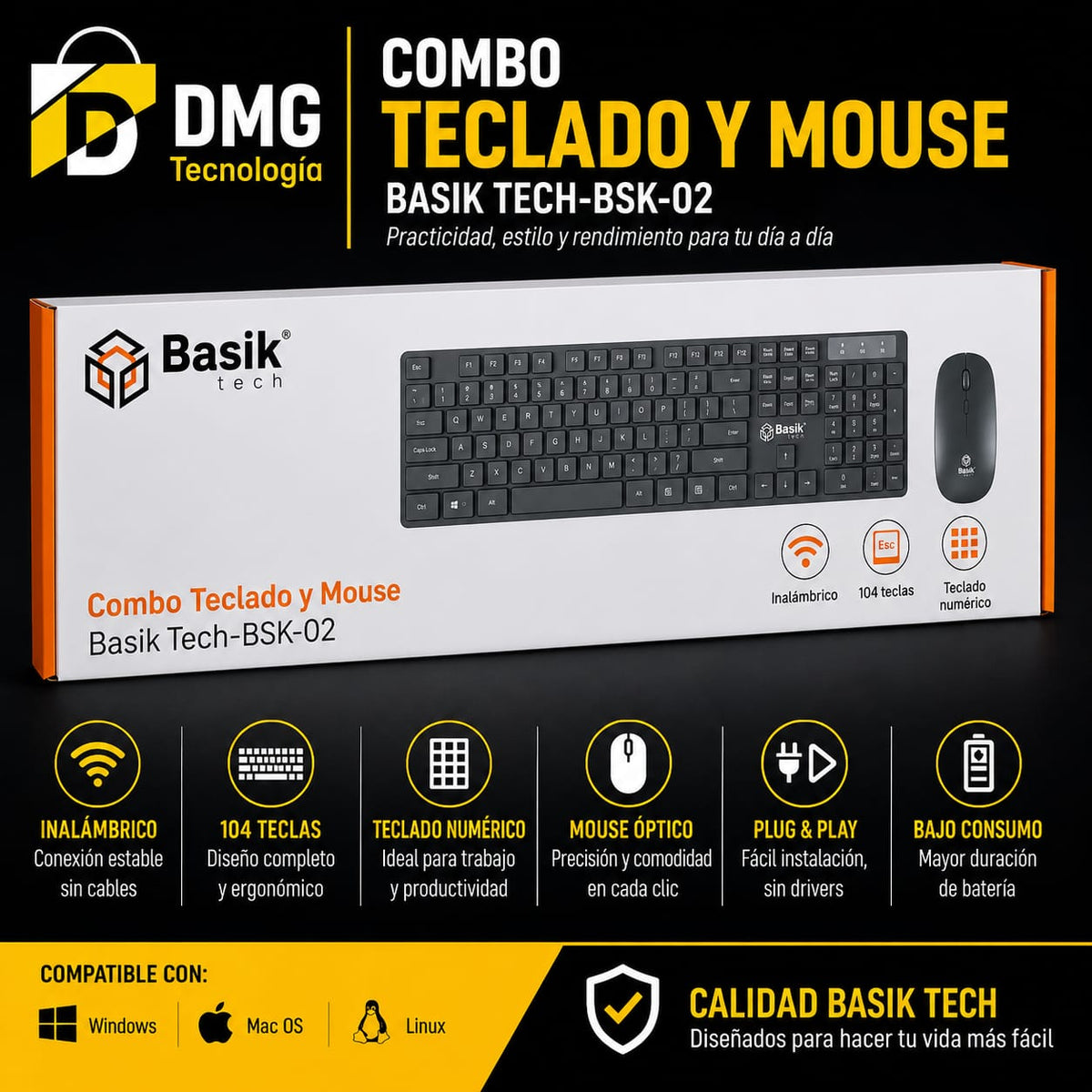 COMBO INALAMBRICO TECLADO Y MOUSE BASIK BSK-02