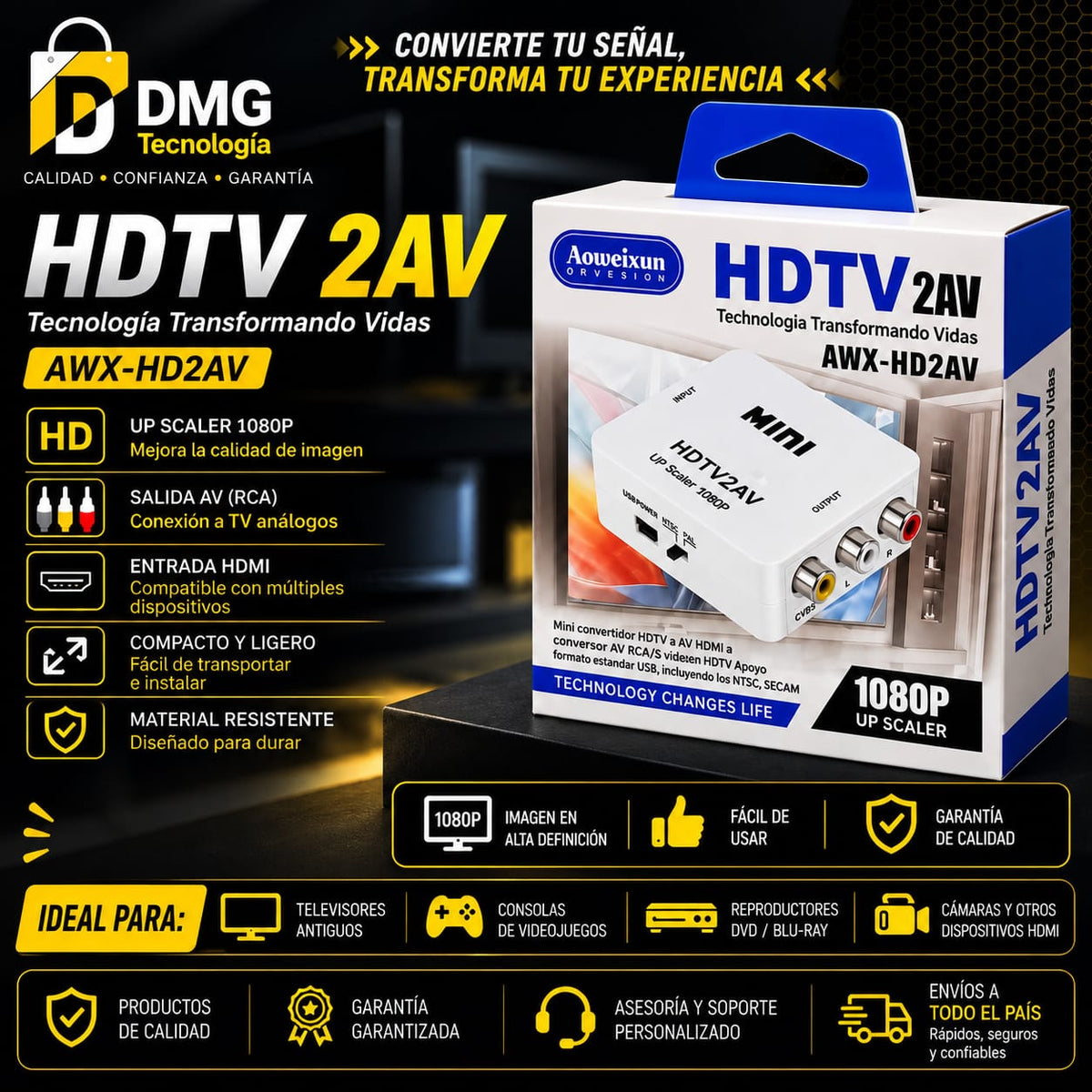 ADAPTADOR MINICONVERTIDOR HDMI A RCA(BANANAS) HDTV 2AV