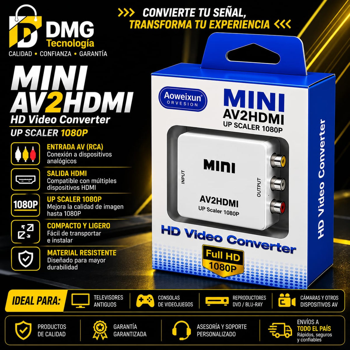 ADAPTADOR MINICONVERTIDOR RCA(BANANAS) A HDMI