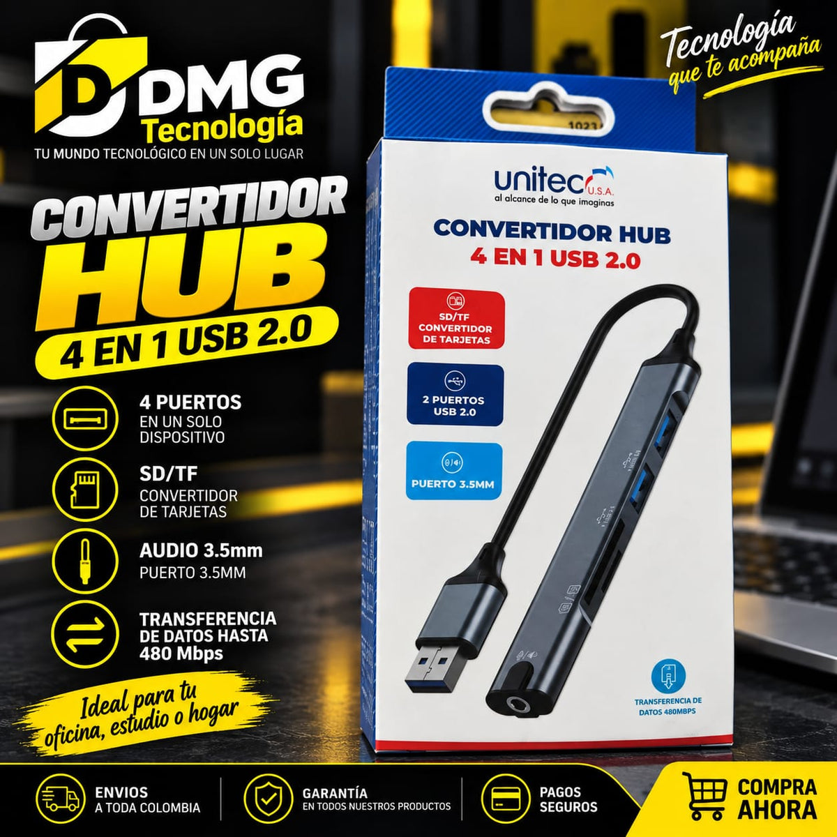CONVERTIDOR HUB 4 EN 1 USB 2.0 UNITEC