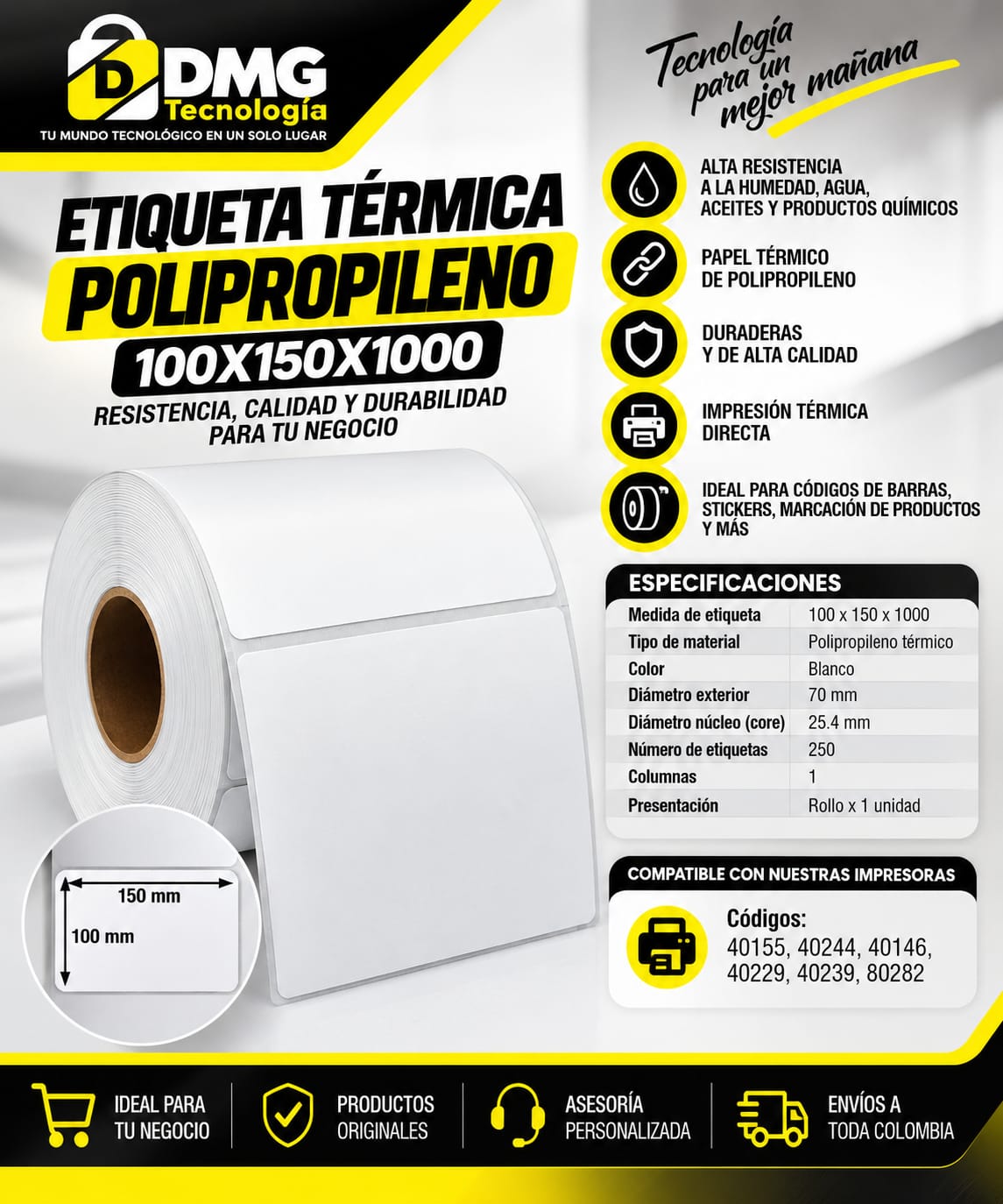 ETIQUETAS TERMICAS DE POLIPROPILENO 100X150X1000